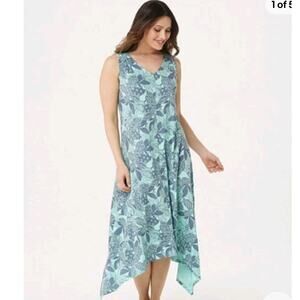 AnyBody Aqua Mint Floral Cozy Knit Sharkbite Hem Casual Dress S Tall Womens